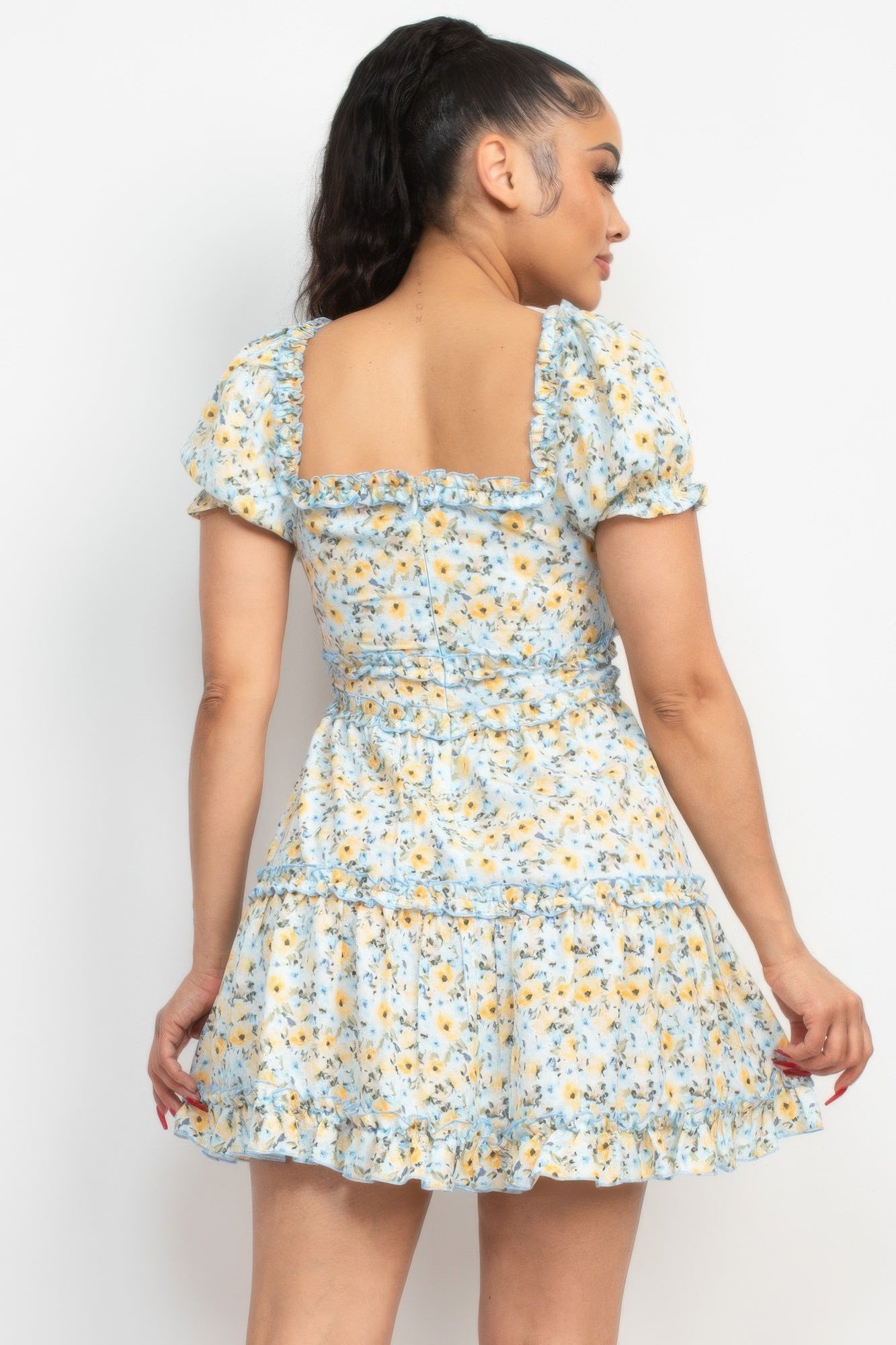 Blue Ruffled Short Sleeve Mini Floral Dress|Feminine & Flowy Style