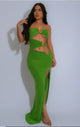 Leaf Green Asymmetric Cut-Out Strapless Dress with O-Ring Detail and Thigh-High Slit – Elegant, Bold Evening Look