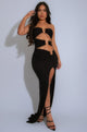 Black Asymmetric Cut-Out Strapless Dress with O-Ring Detail and Thigh-High Slit – Bold Evening Statement Look