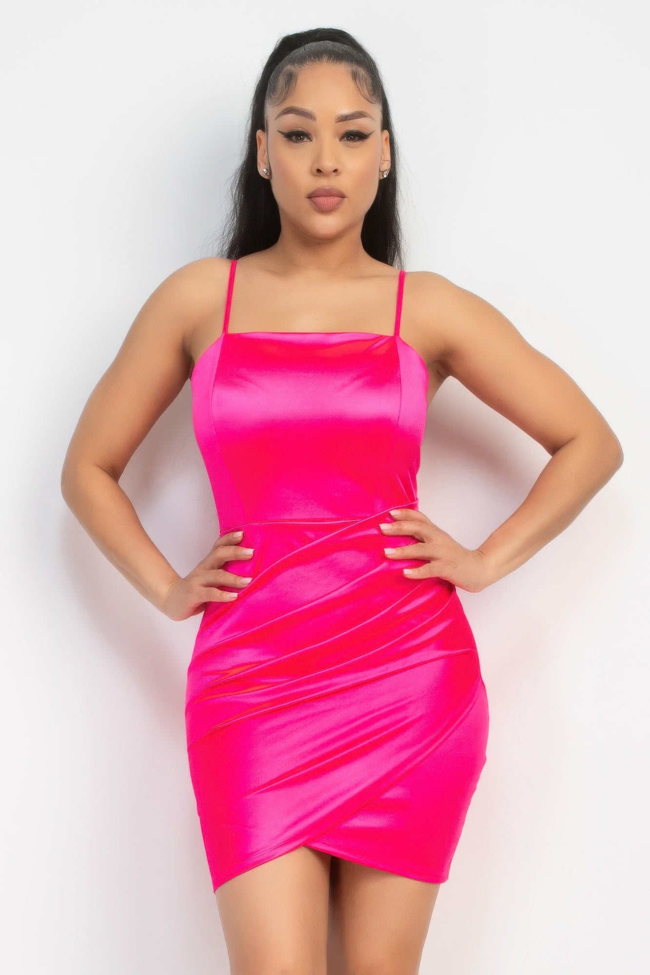 Hot Pink Shirred Satin Mini Dress