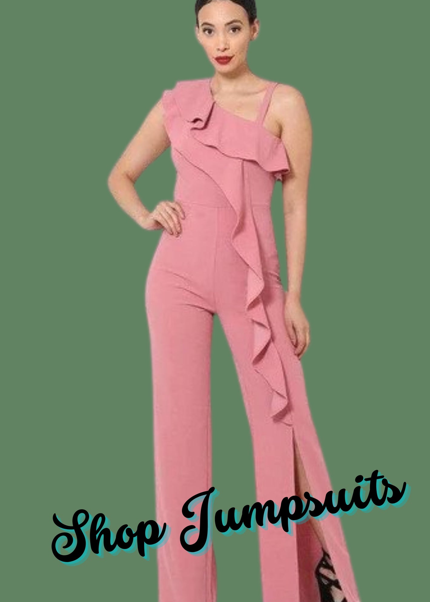Photo of woman wearing a pink ruffle jumpsuit with side leg slit