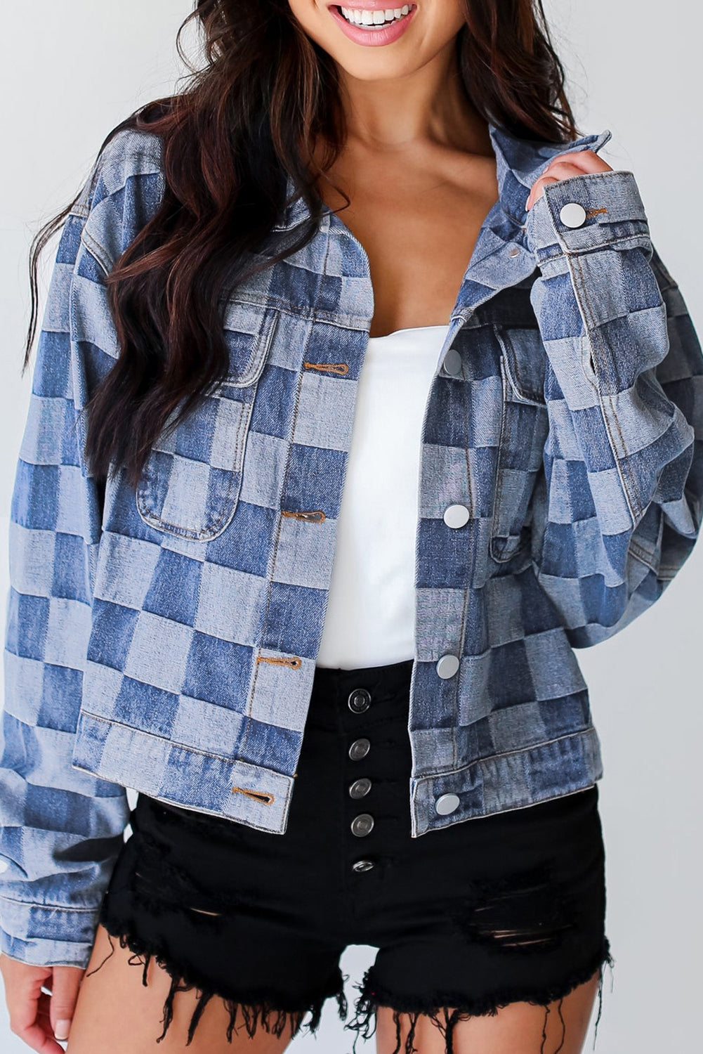 Light Blue Checkered Patchwork Button-Up Denim Jacket for Women