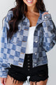 Light Blue Checkered Patchwork Button-Up Denim Jacket for Women