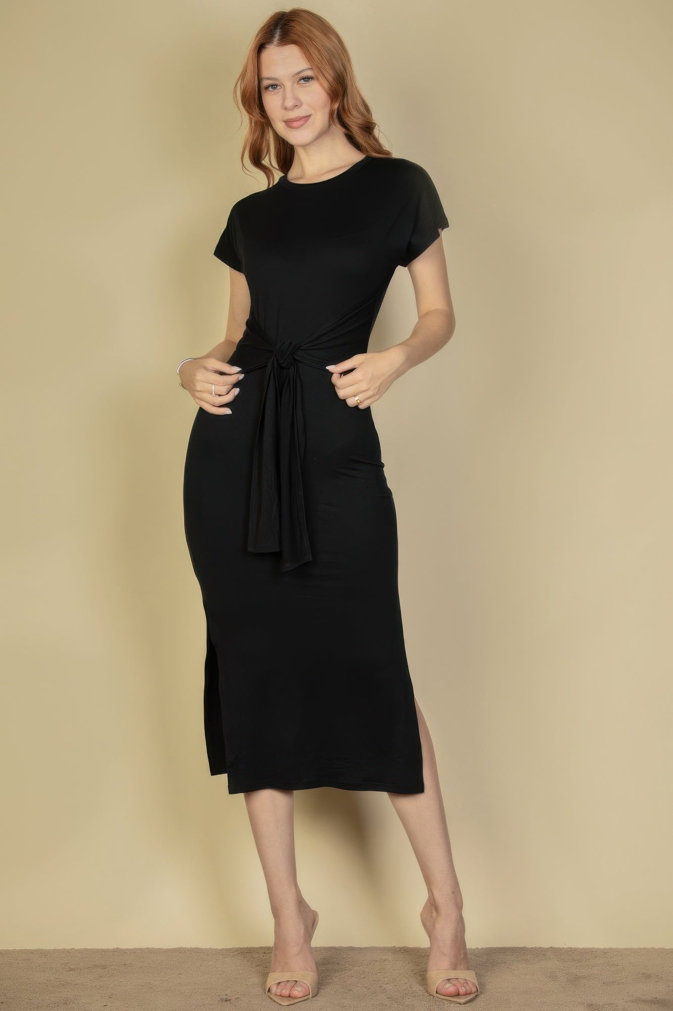 Women's Tie-Front Short Sleeve Maxi Dress with Side Slits – Casual & Stylish Summer Outfit