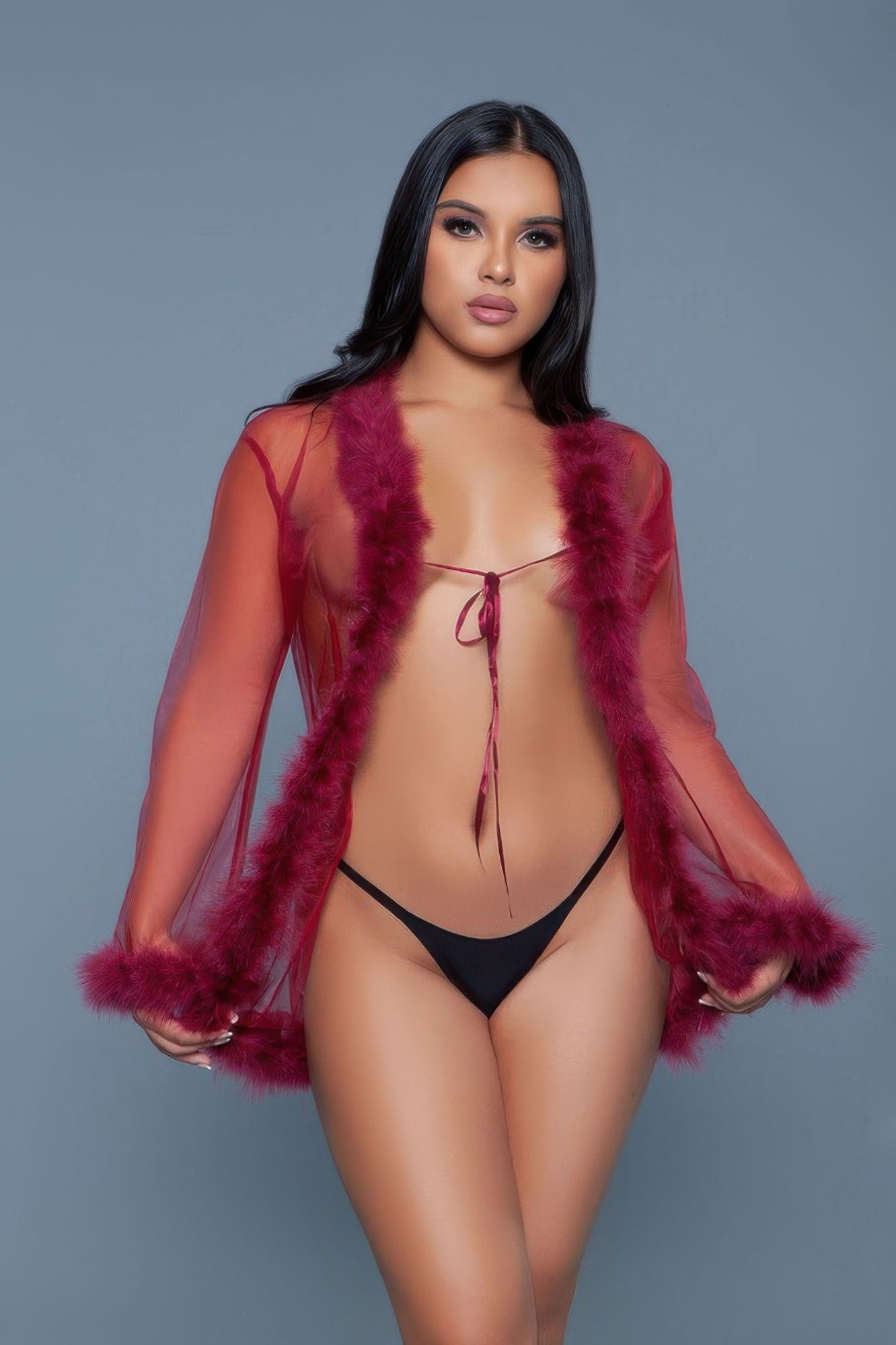 Faux Fur Trim Mesh Robe