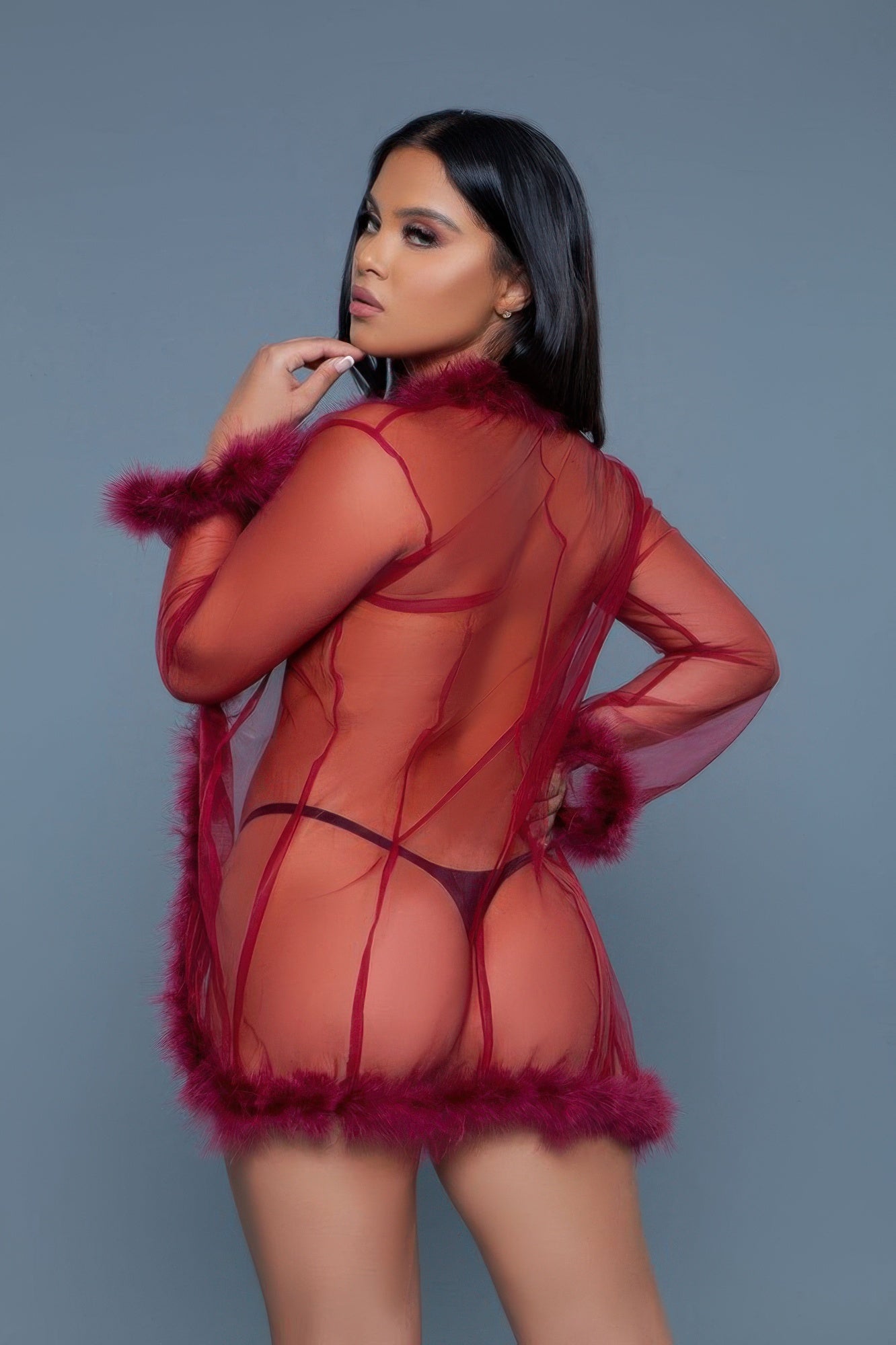 Faux Fur Trim Mesh Robe