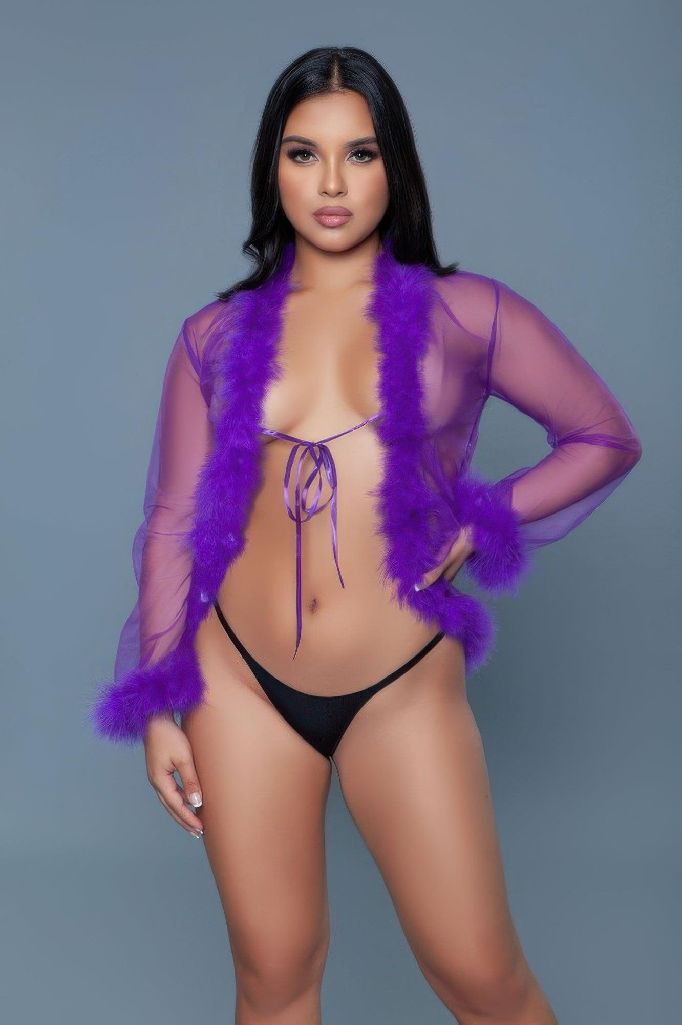 Faux Fur Trim Mesh Robe