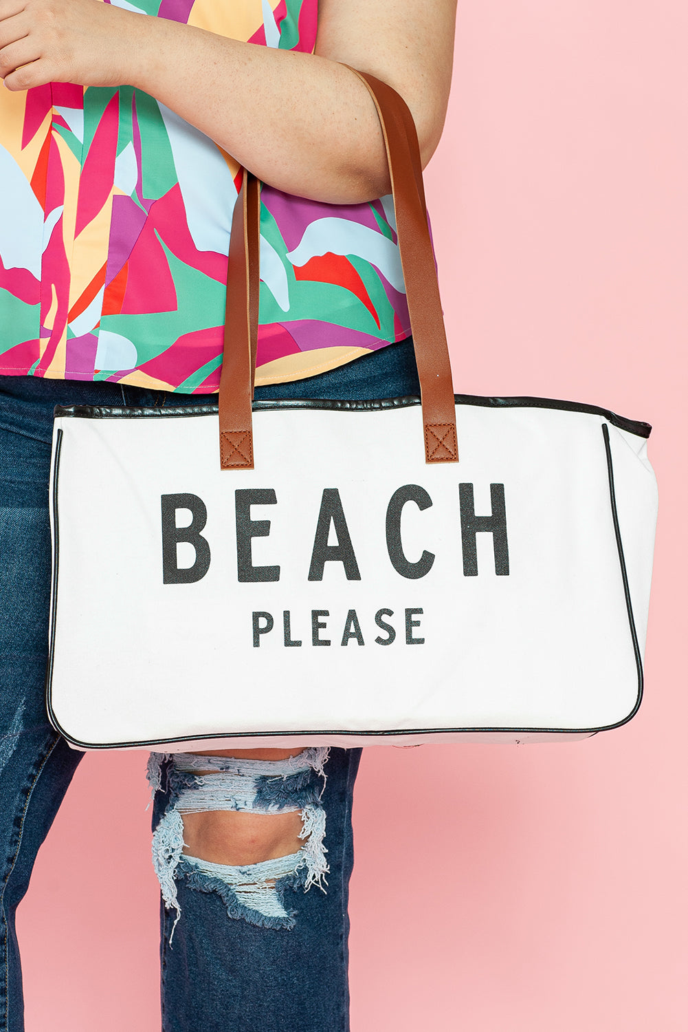 White Graphic Print Large Canvas Tote Bag - Spacious & Durable Summer Tote - Shopping Therapy, LLC Handbags