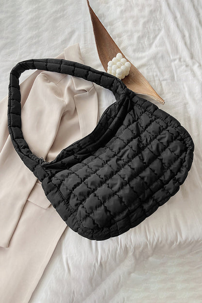 Large Black Quilted Zipper Shoulder Bag – Elegant and Spacious