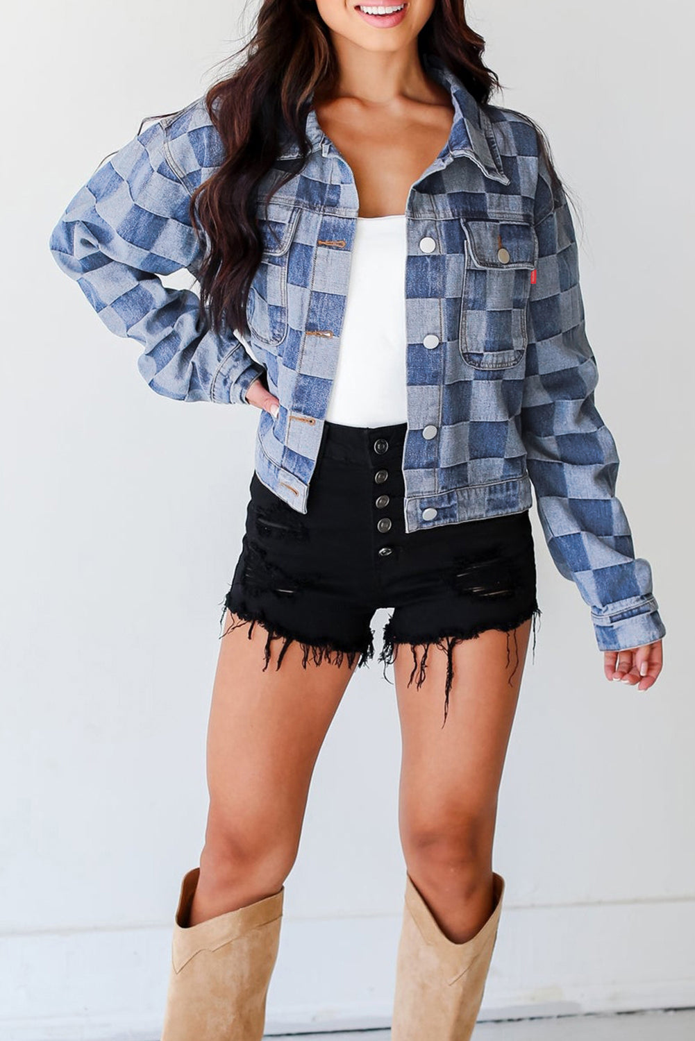 Light Blue Checkered Patchwork Button-Up Denim Jacket for Women