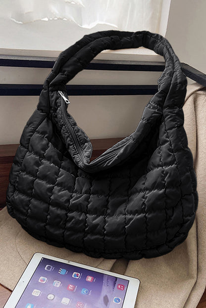 Large Black Quilted Zipper Shoulder Bag – Elegant and Spacious