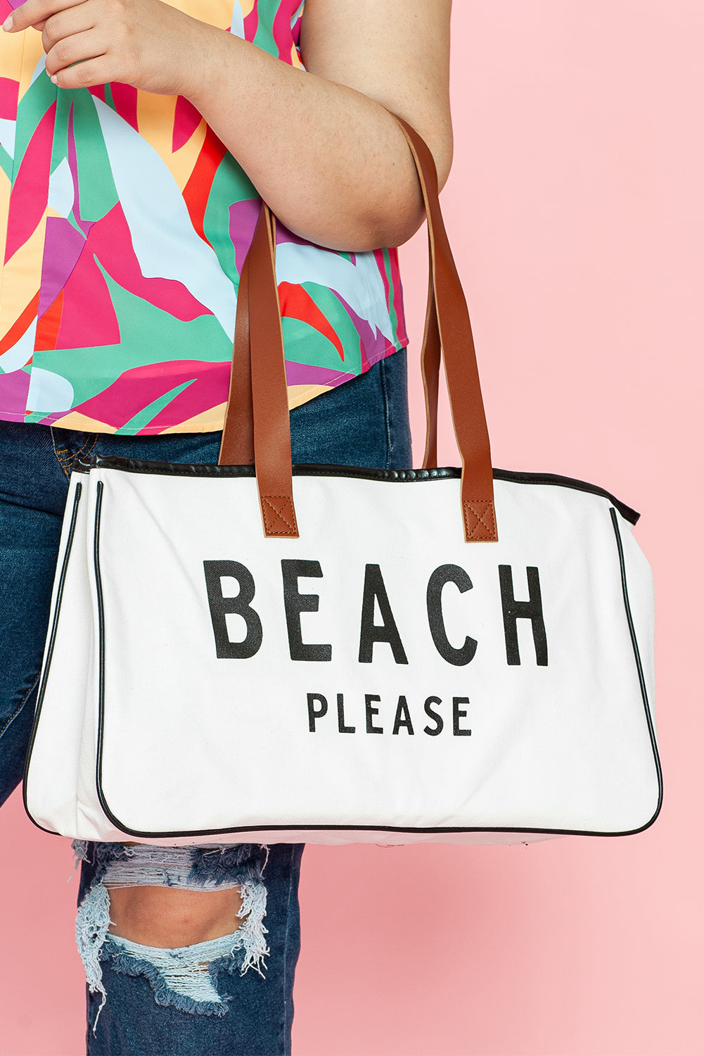 White Graphic Print Large Canvas Tote Bag - Spacious & Durable Summer Tote - Shopping Therapy, LLC Handbags