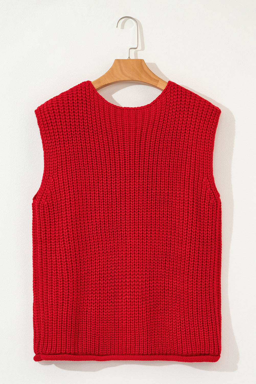 Fiery Red Textured Knit Sweater Vest with Side Pockets & Button Front