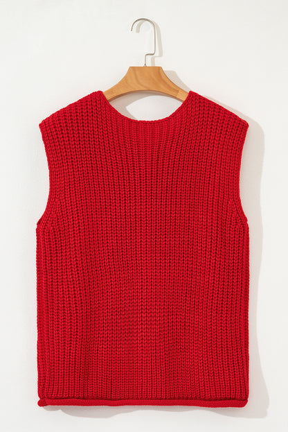 Fiery Red Textured Knit Sweater Vest with Side Pockets & Button Front