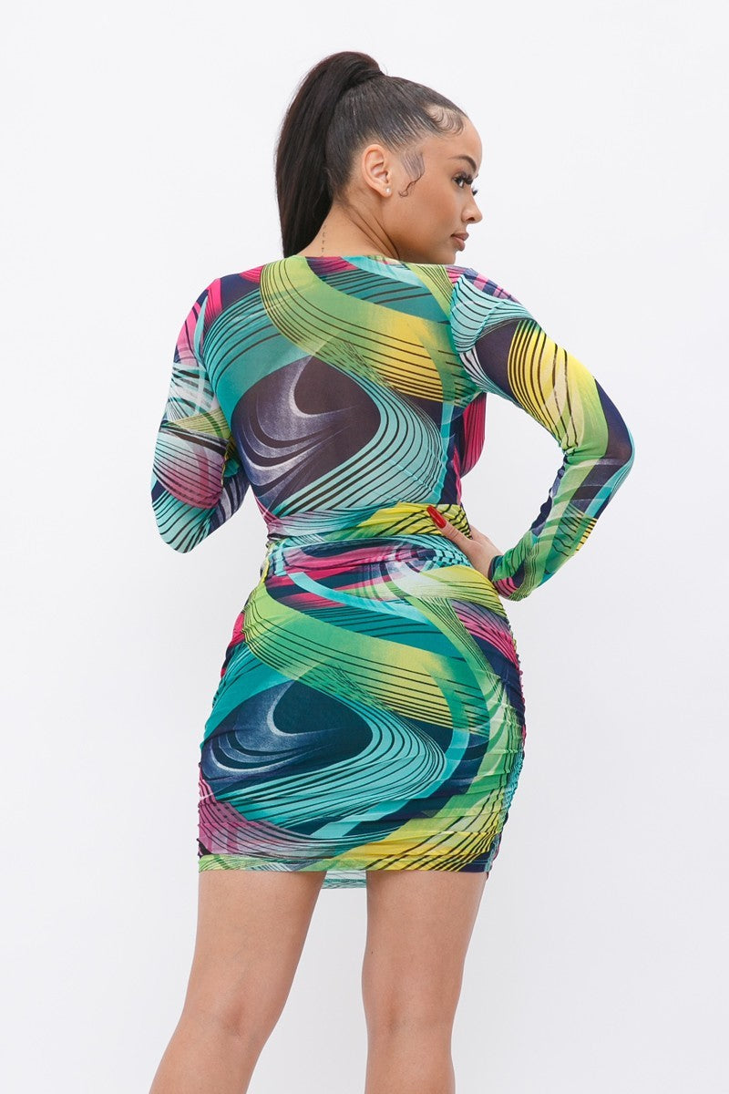 Long Sleeve Abstract Printed V-Neck Mini Dress - Shopping Therapy S Dresses