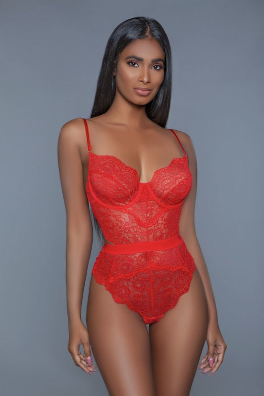 Red Bodysuit Lingerie With Adjustable Spaghetti Straps