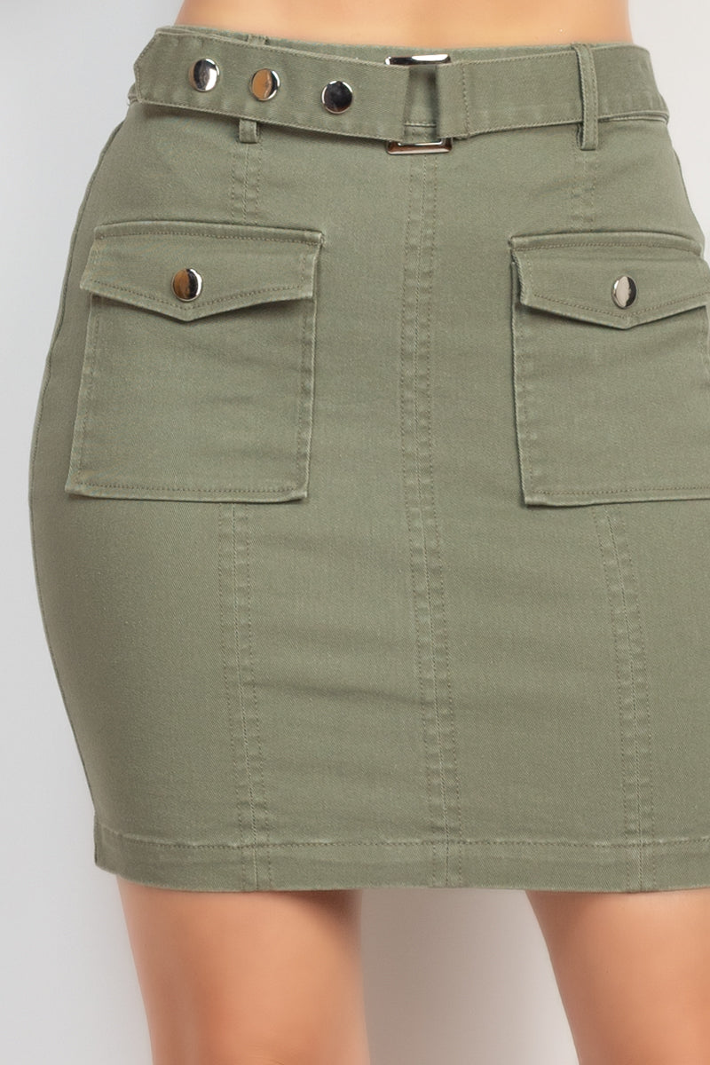 Olive Belted Front Pocket Mini Skirt - Shopping Therapy M Skirt