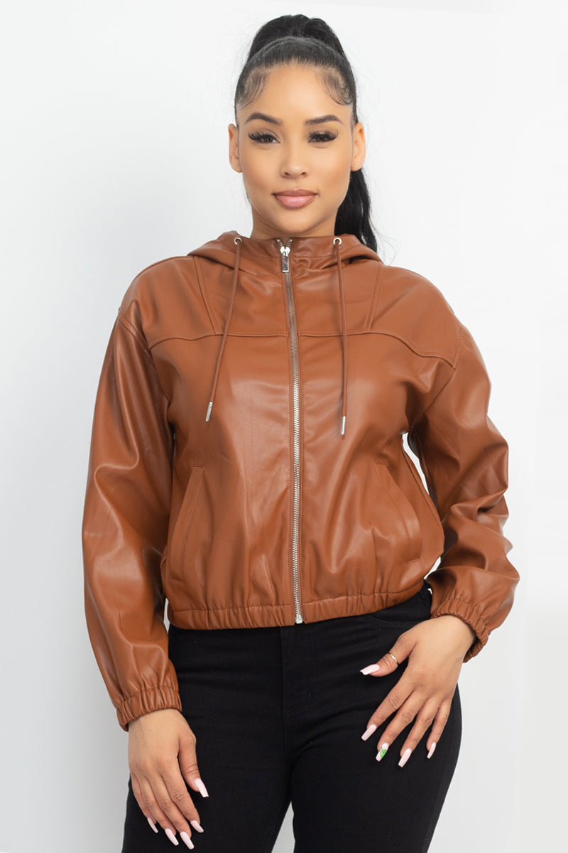 Faux Leather Camel Hoodie Bomber Jacket - Shopping Therapy, LLC 