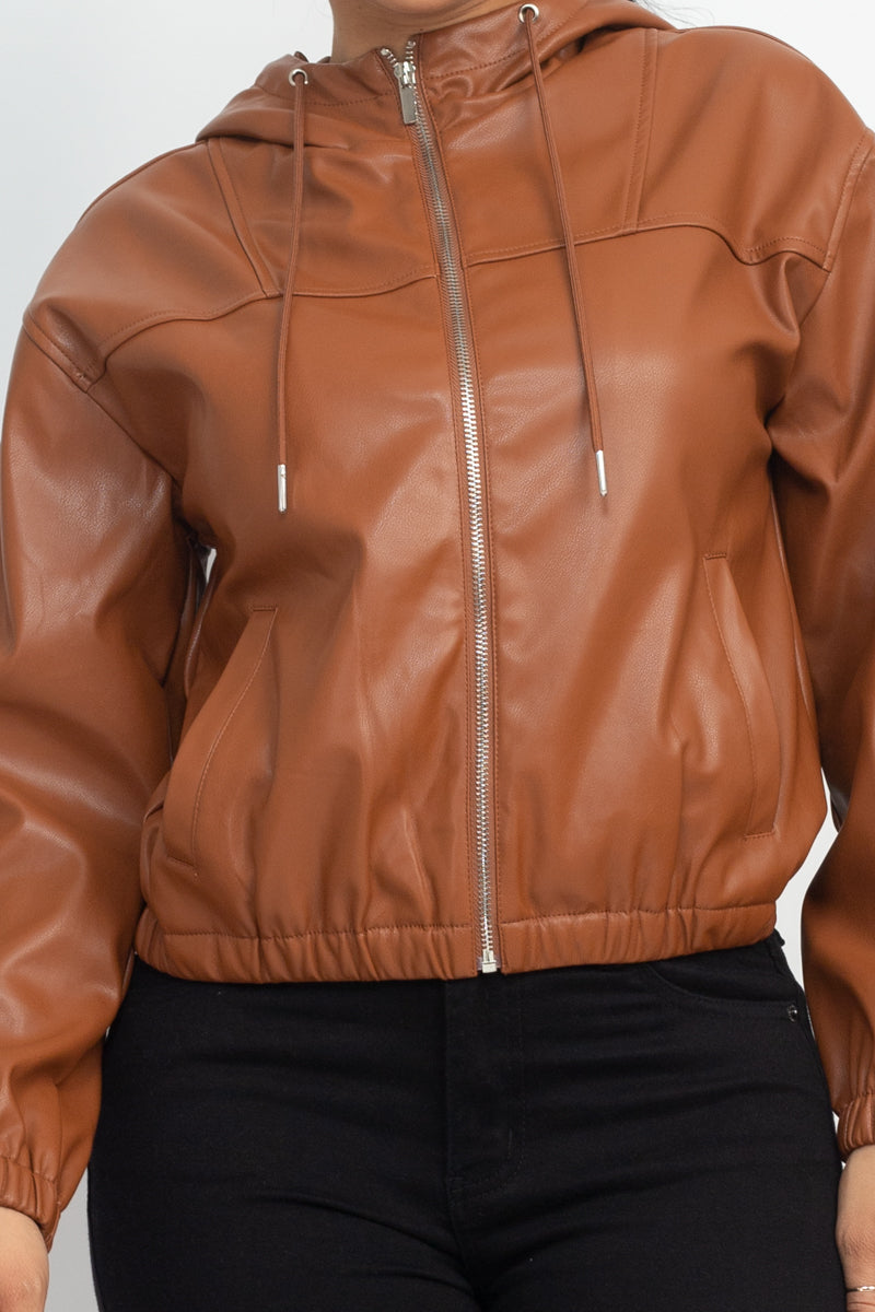 Faux Leather Camel Hoodie Bomber Jacket