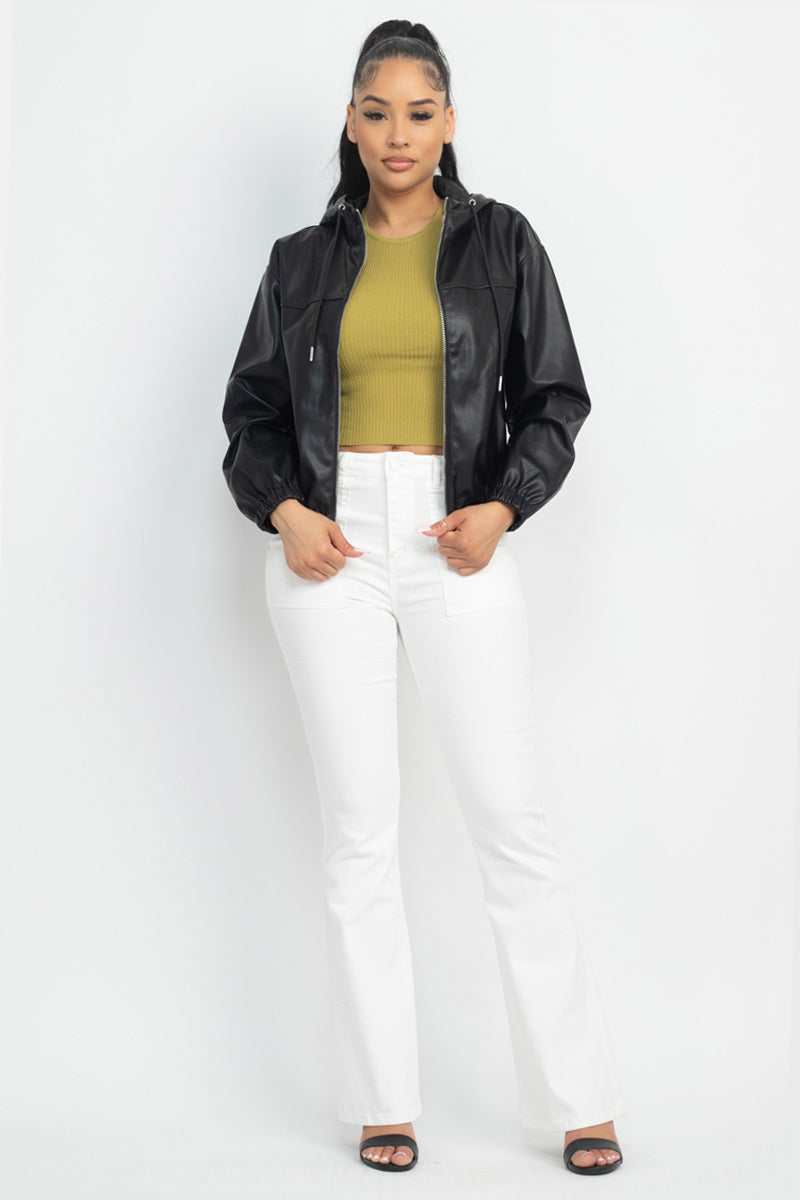 Faux Leather Black Hoodie Bomber Jacket - Shopping Therapy, LLC bomber jacket