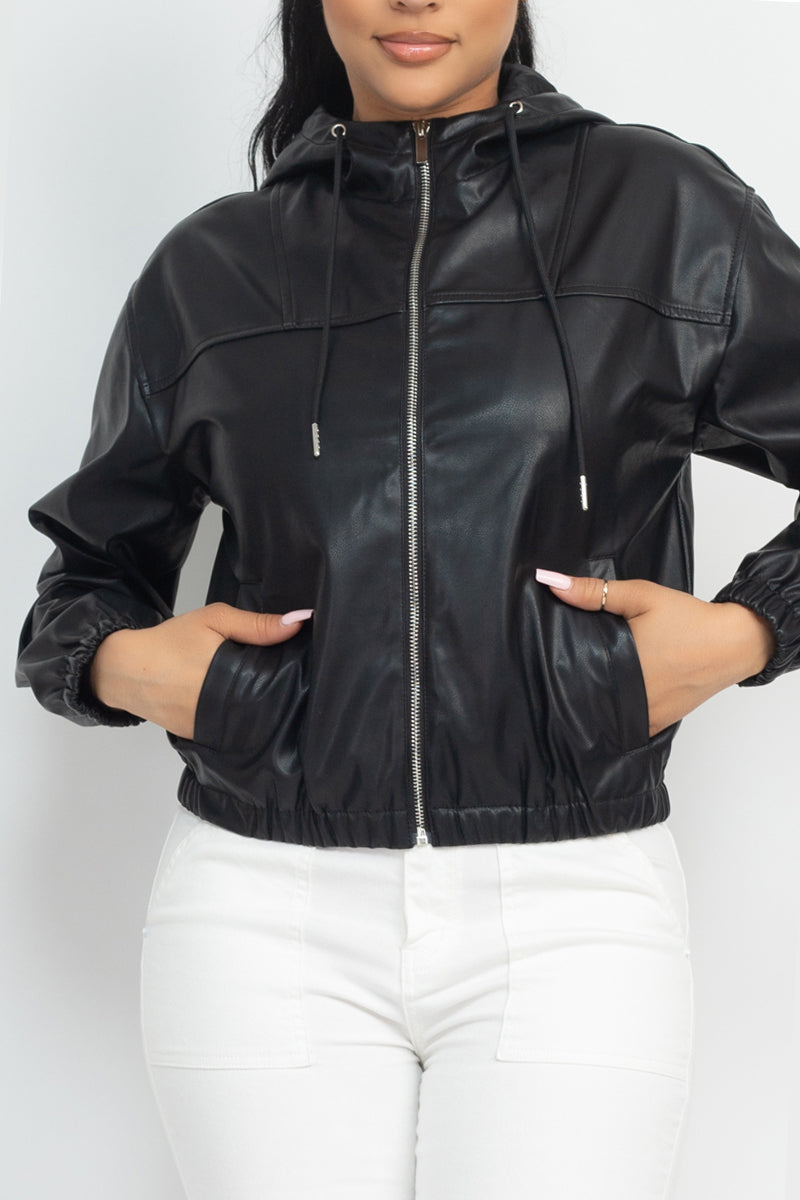 Faux Leather Black Hoodie Bomber Jacket - Shopping Therapy, LLC bomber jacket