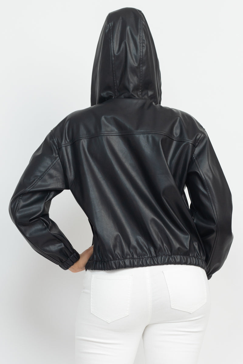 Faux Leather Black Hoodie Bomber Jacket