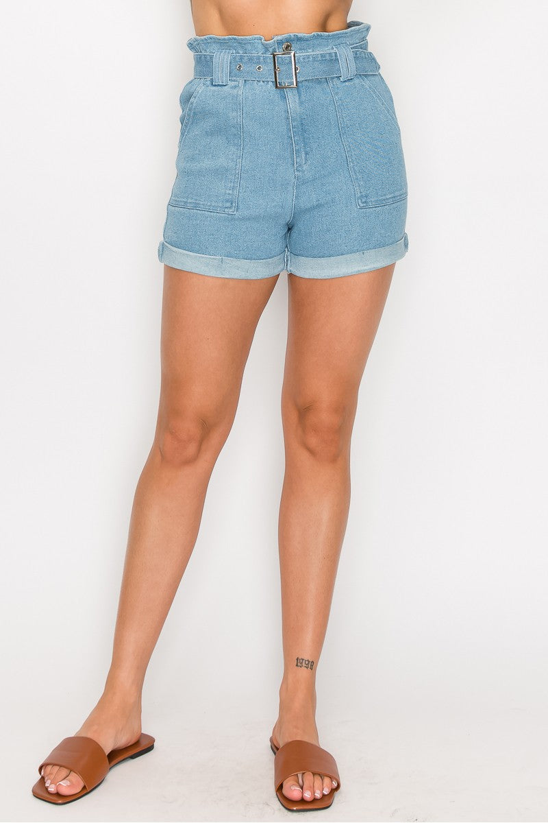 Light Blue Belted Paper Bag Women's Denim Shorts - Shopping Therapy Denim Shorts