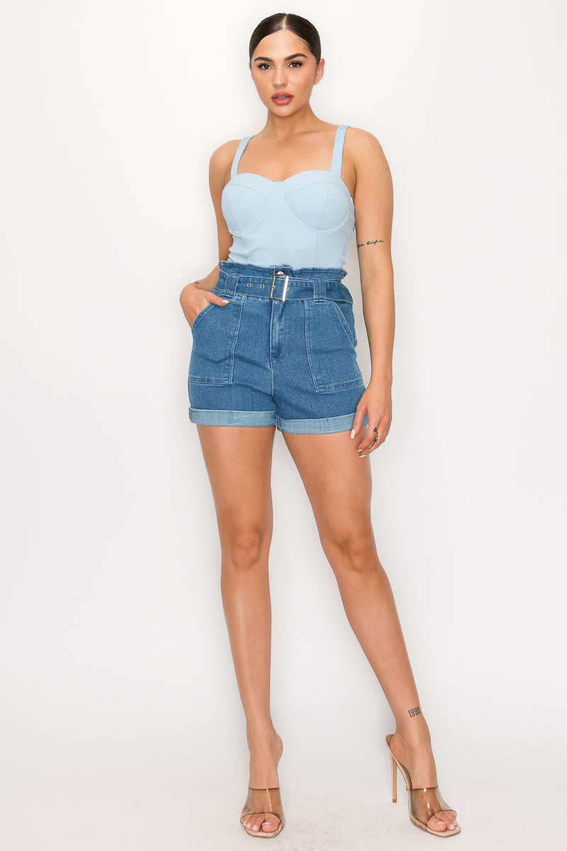 Medium Blue Belted Paper bag Women's Denim Shorts - Shopping Therapy S Shorts