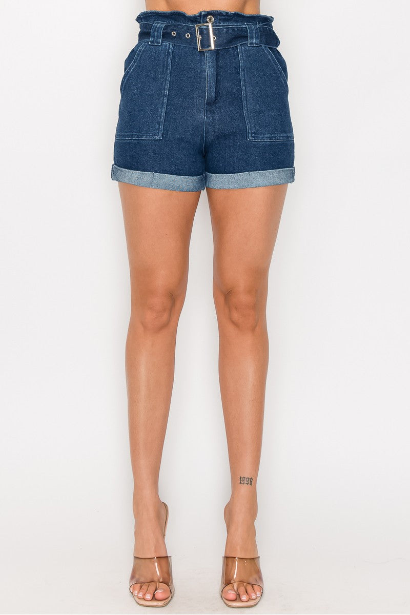 Dark Blue Belted Paper Bag Women's Denim Shorts - Shopping Therapy Denim Shorts