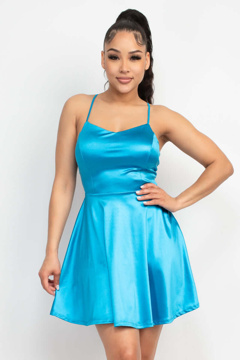 Aqua Spaghetti Strap Crisscross Back Satin Mini Dress - Shopping Therapy, LLC Mini Dresses