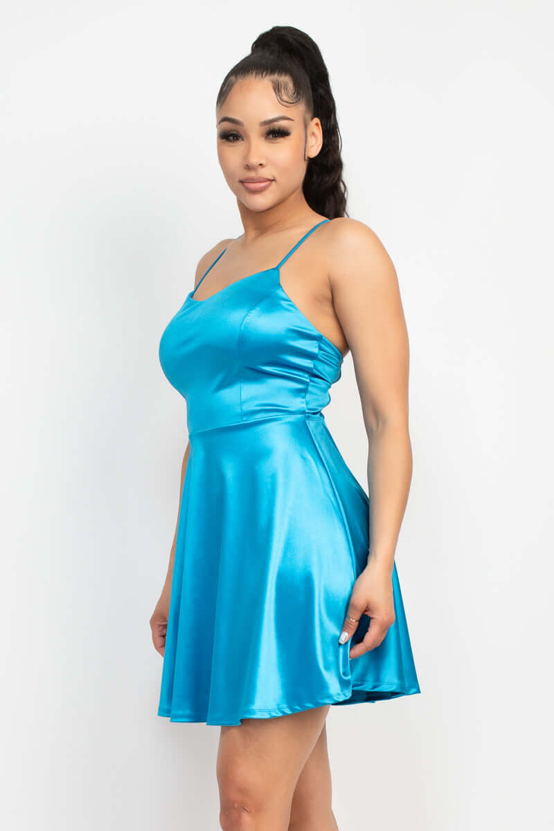 Aqua Spaghetti Strap Crisscross Back Satin Mini Dress - Shopping Therapy, LLC Mini Dresses