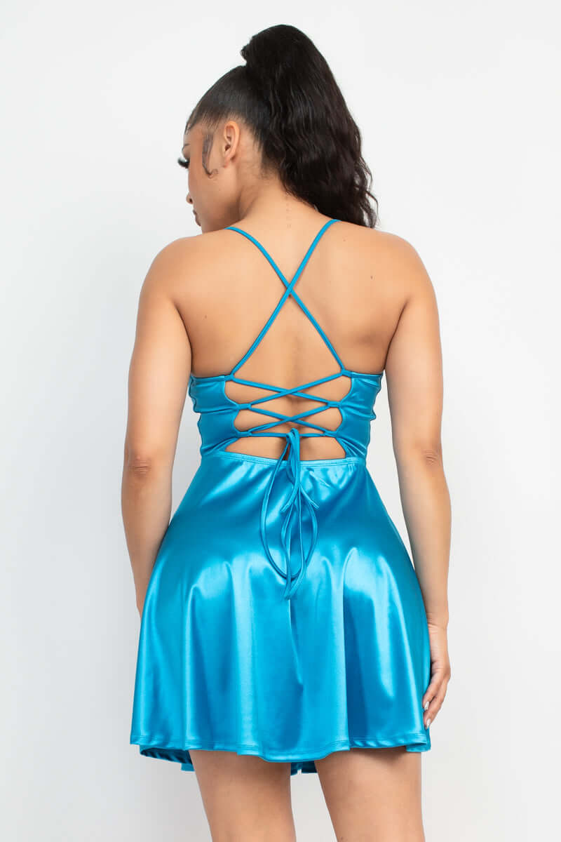 Aqua Spaghetti Strap Crisscross Back Satin Mini Dress - Shopping Therapy S Mini Dresses