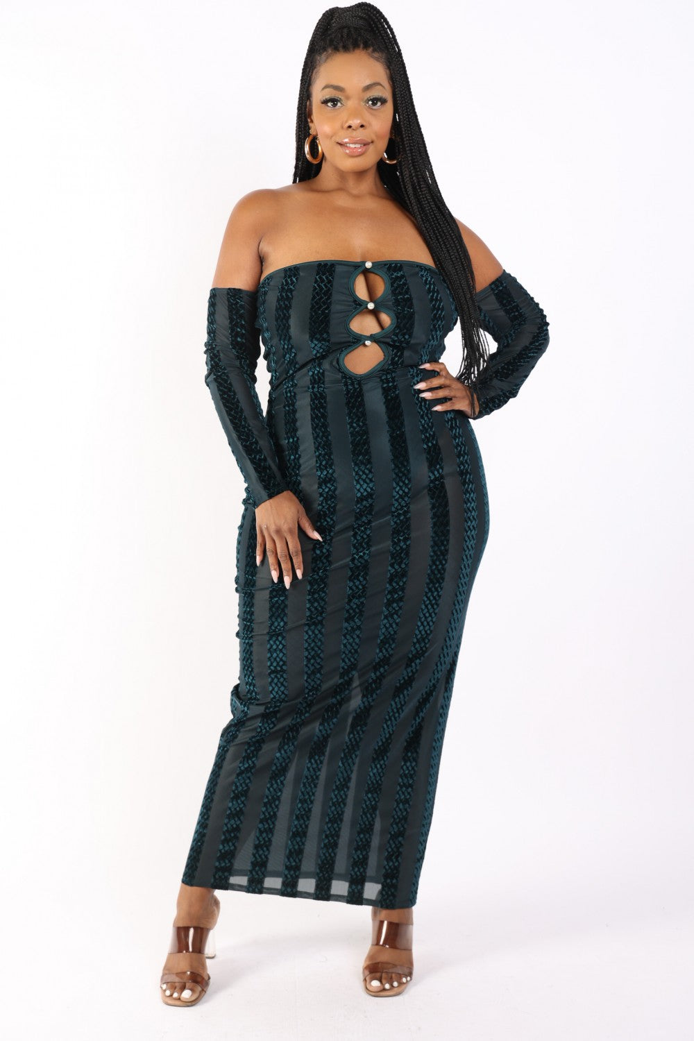 Hunter Off The Shoulder Striped Velvet Maxi Dress - Shopping Therapy 2XL Maxi Dresses