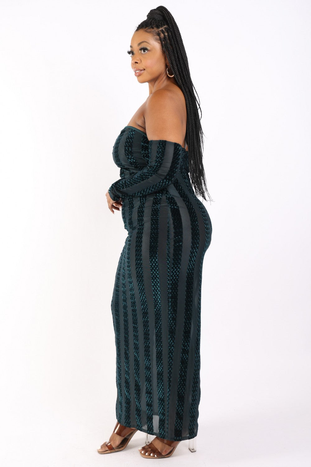 Hunter Off The Shoulder Striped Velvet Maxi Dress - Shopping Therapy Maxi Dresses