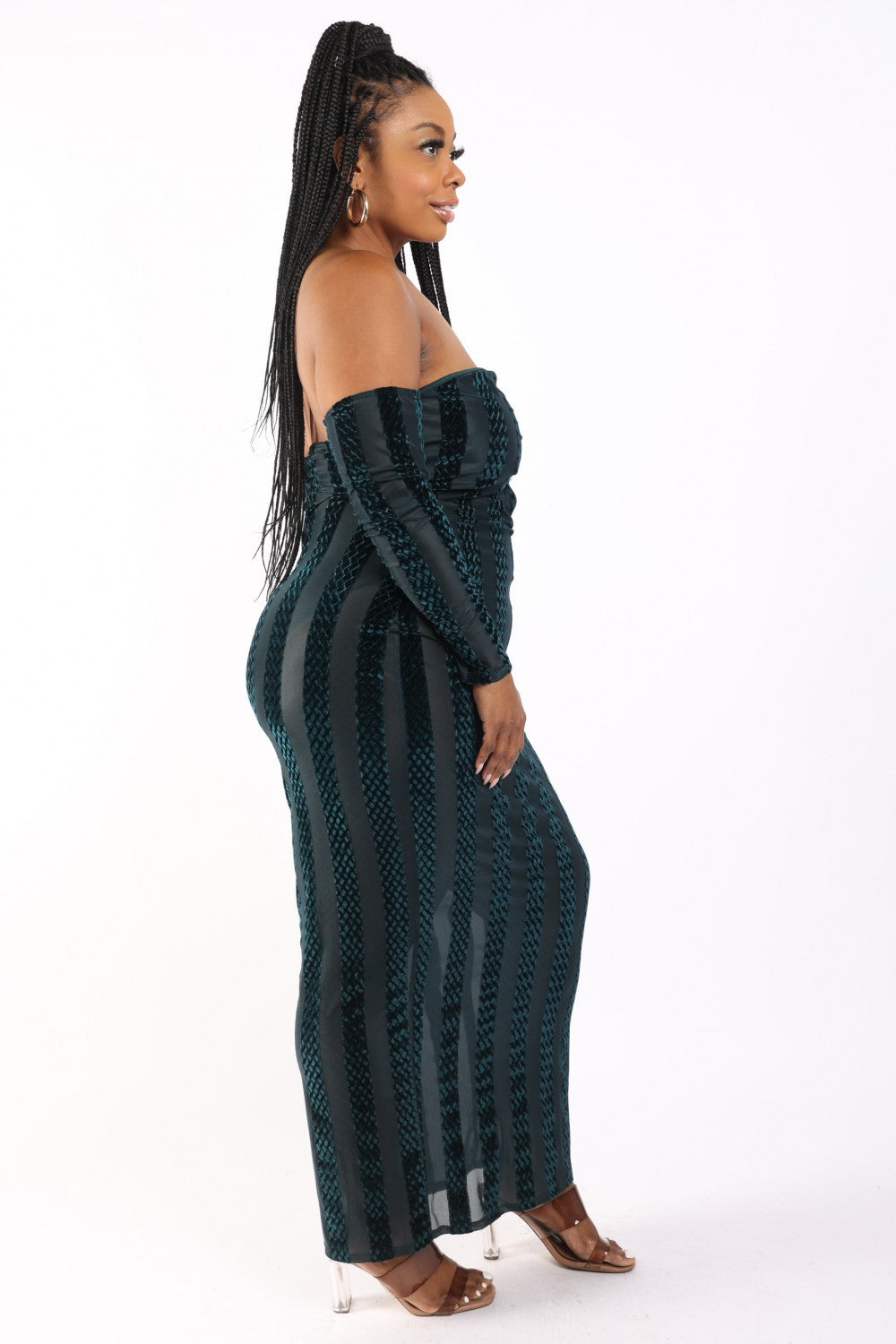 Hunter Off The Shoulder Striped Velvet Maxi Dress - Shopping Therapy 3XL Maxi Dresses