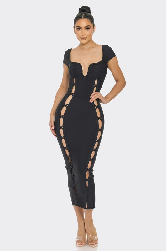 Black Lace-Up Keyhole Midi Dress - Shopping Therapy, LLC Midi Dresses