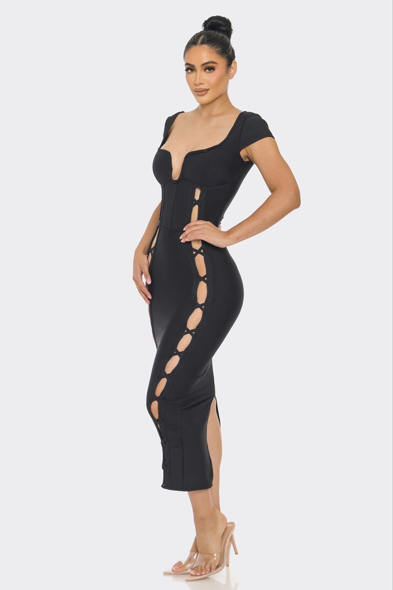 Black Lace-Up Keyhole Midi Dress - Shopping Therapy, LLC Midi Dresses