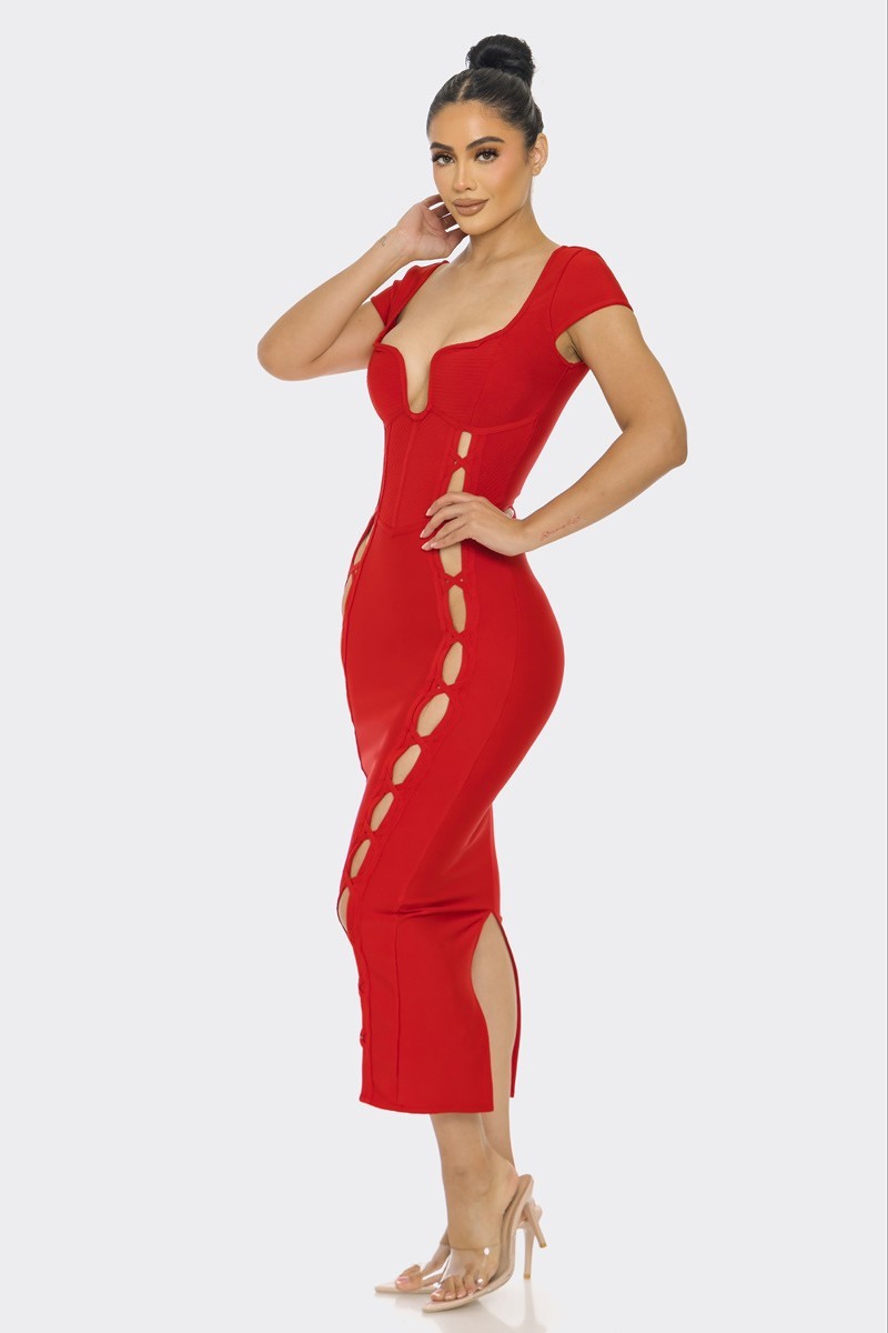 Red Lace-Up Keyhole Midi Dress - Shopping Therapy, LLC Midi Dresses
