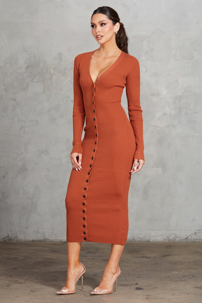 Cognac Long Sleeve Ribbed Midi Dress - Shopping Therapy, LLC Dress