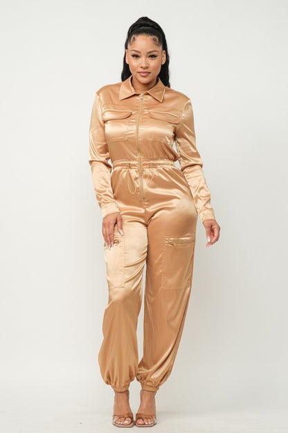 Long Sleeve Gold Satin Jogger Jumpsuit - Shopping Therapy, LLC jumpsuit