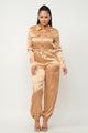 Long Sleeve Gold Satin Jogger Jumpsuit