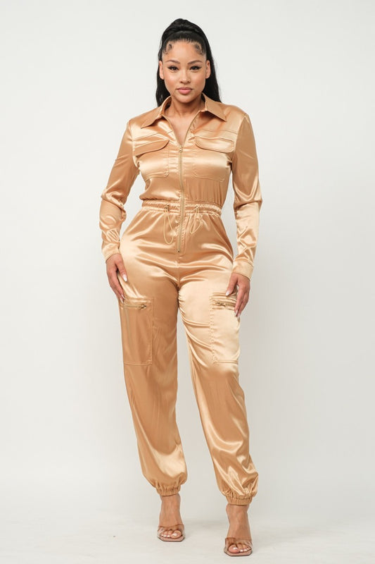 Long Sleeve Gold Satin Jogger Jumpsuit - Shopping Therapy, LLC jumpsuit