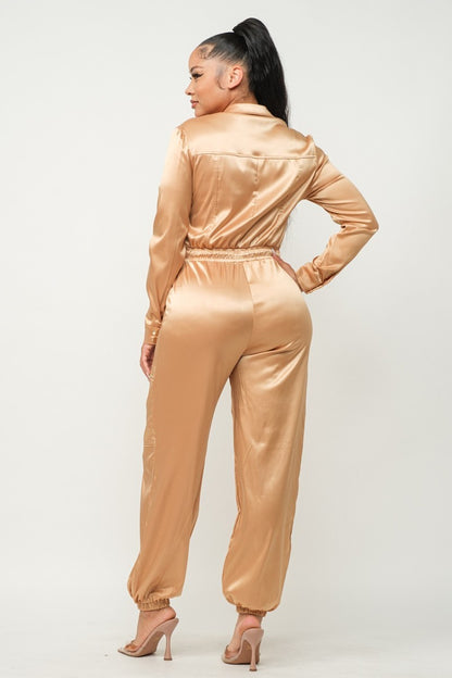 Long Sleeve Gold Satin Jogger Jumpsuit - Shopping Therapy, LLC jumpsuit