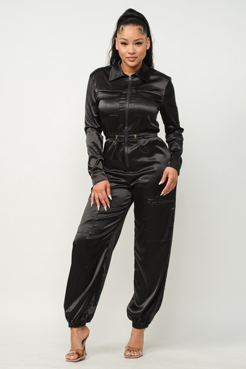 Long Sleeve Black Satin Jogger Jumpsuit - Shopping Therapy, LLC jumpsuit