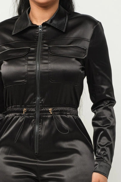 Long Sleeve Black Satin Jogger Jumpsuit - Shopping Therapy, LLC jumpsuit