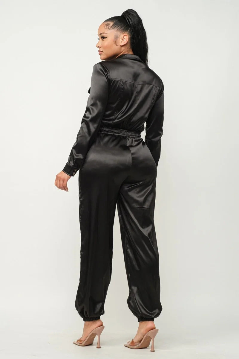 Long Sleeve Black Satin Jogger Jumpsuit - Shopping Therapy, LLC jumpsuit