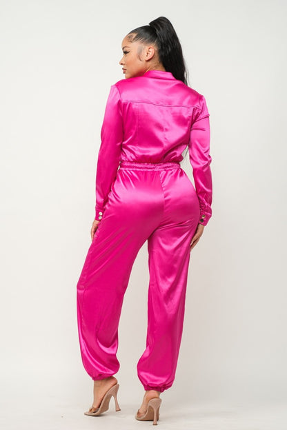 Long Sleeve Fuchsia Satin Jogger Jumpsuit - Shopping Therapy, LLC jumpsuit