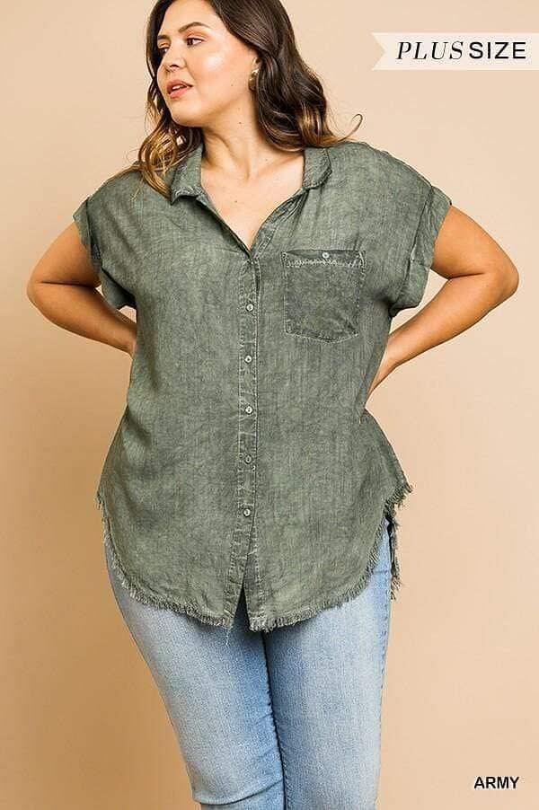 Army Green Plus Size Short Sleeve Shirt - Shopping Therapy XL Shirt