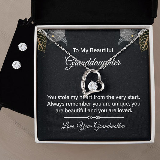 Beautiful Granddaughter-Forever Love Necklace And Earrings - Shopping Therapy 14k White Gold Finish / Standard Box Jewelry