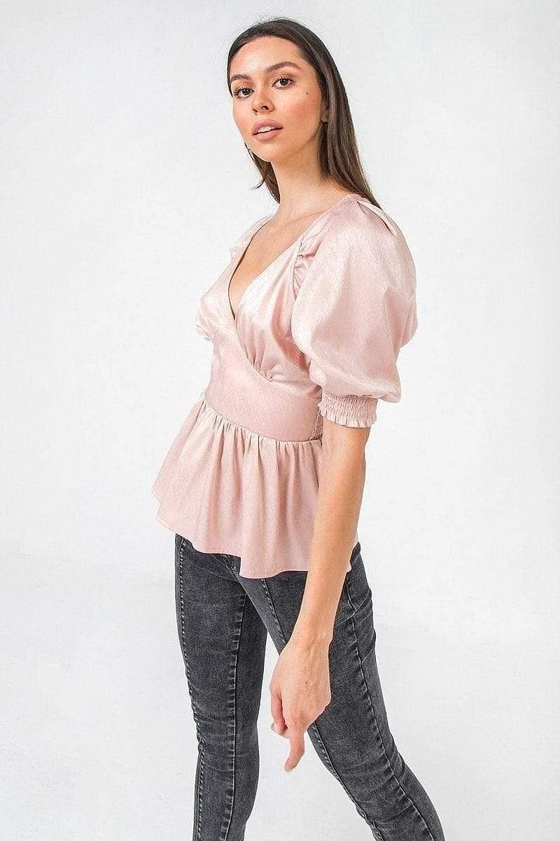 Beige 3/4 Sleeve V-Neck Satin Top - Shopping Therapy, LLC Top